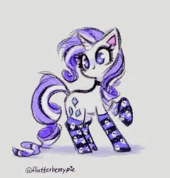 Size: 543x567 | Tagged: safe, artist:flutterberrypie, derpibooru import, rarity, pony, unicorn, choker, clothes, female, gray background, image, jpeg, mare, signature, simple background, smiling, socks, solo, striped socks