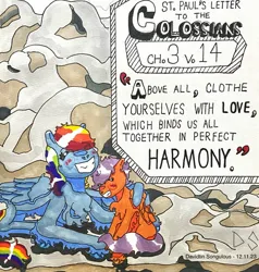 Size: 1774x1864 | Tagged: safe, artist:thehumanartist, derpibooru import, rainbow dash, scootaloo, pegasus, pony, bible verse, blushing, christianity, colored, duo, duo female, female, filly, foal, g4, grin, happy, image, jpeg, marker drawing, religion, sibling love, sisterly love, smiling, text, traditional art