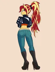 Size: 396x518 | Tagged: safe, artist:peel_a_na, derpibooru import, sunset shimmer, human, equestria girls, ass, boots, bunset shimmer, butt, clothes, denim, eye clipping through hair, g4, high heel boots, image, jeans, looking at you, looking back, looking back at you, midriff, pants, png, ponytail, rear view, shoes, simple background, solo