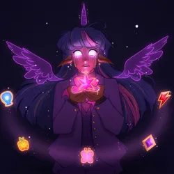Size: 1440x1440 | Tagged: safe, artist:shammyscribbles, derpibooru import, twilight sparkle, human, artificial horn, artificial wings, augmented, blackwashing, blank eyes, crying, dark skin, element of generosity, element of honesty, element of kindness, element of laughter, element of loyalty, element of magic, elements of harmony, elf ears, female, glow, glowing eyes, horn, humanized, image, jewelry, jpeg, magic, magic horn, magic wings, ring, solo, tumblr nose, wings