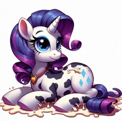 Size: 1024x1024 | Tagged: safe, ai content, derpibooru import, machine learning generated, prompter:*rainbow dash*, rarity, cow, cow pony, unicorn, collar, cowified, generator:bing image creator, image, lying down, milk, png, prone, raricow, solo, species swap