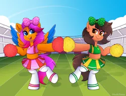 Size: 3800x2924 | Tagged: safe, artist:madelinne, derpibooru import, oc, unofficial characters only, pegasus, bow, cheerleader, cheerleader outfit, clothes, clous, duo, image, pegasus oc, png, skirt, sky, socks, stadium, wings