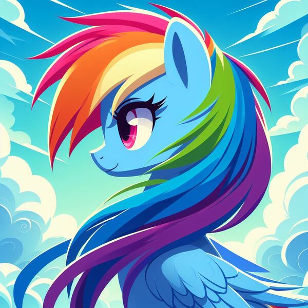 Size: 1024x1024 | Tagged: safe, ai content, derpibooru import, rainbow dash, pony, bust, cloud, female, image, jpeg, mare, portrait, profile, prompter:meshari7, sky, solo