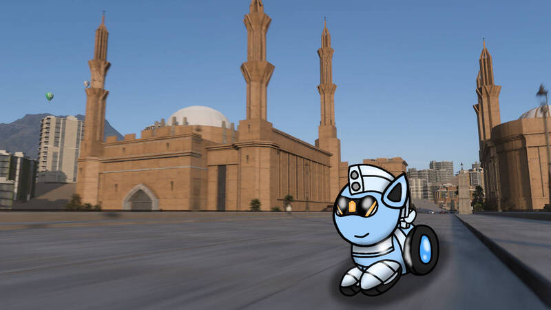 Size: 1192x670 | Tagged: safe, artist:foxfer64_yt, derpibooru import, oc, oc:silverstream (robot pony), original species, pony, robot, robot pony, wheelpone, cairo, city, day, egypt, happy, highway, image, jpeg, looking up, photo, skyscraper, solo