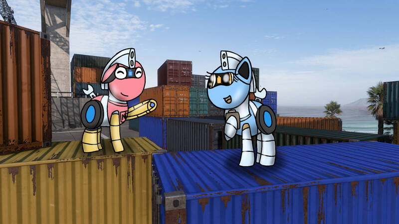 Size: 1192x670 | Tagged: safe, artist:foxfer64_yt, derpibooru import, oc, oc:silverstream (robot pony), oc:trackhead, unofficial characters only, pony, chatting, crate, day, docks, duo, floppy ears, happy, image, jpeg, raised hoof, smiling, working