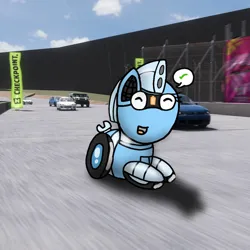 Size: 894x894 | Tagged: safe, artist:foxfer64_yt, derpibooru import, oc, oc:silverstream (robot pony), unofficial characters only, original species, pony, robot, robot pony, wheelpone, car, forza horizon, image, jpeg, photo, race, racecar, smiling, solo, video game