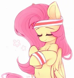 Size: 2212x2319 | Tagged: safe, artist:lerkfruitbat, derpibooru import, fluttershy, pegasus, pony, hurricane fluttershy, blushing, chest fluff, cute, daaaaaaaaaaaw, eyebrows, eyes closed, female, g4, high res, image, jpeg, mare, shyabetes, signature, simple background, smiling, solo, sweatband, white background, wings
