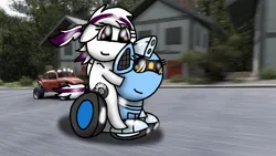 Size: 1192x670 | Tagged: safe, artist:foxfer64_yt, derpibooru import, oc, oc:sakura (fl), oc:silverstream (robot pony), unofficial characters only, original species, pegasus, pony, robot, robot pony, wheelpone, buggy, car, duo, image, jpeg, photo, riding, riding a pony, village, volkswagen beetle