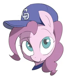 Size: 2186x2287 | Tagged: safe, artist:baigak, derpibooru import, pinkie pie, earth pony, pony, baseball cap, bust, cap, female, hat, image, jpeg, looking at you, mare, simple background, smiling, smiling at you, solo, white background