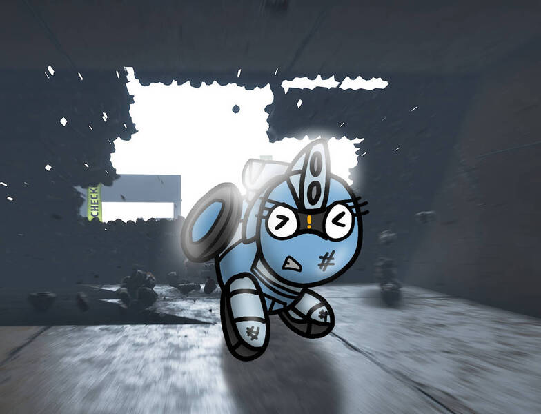 Size: 1022x782 | Tagged: safe, artist:foxfer64_yt, derpibooru import, oc, oc:silverstream (robot pony), unofficial characters only, original species, pony, robot, robot pony, wheelpone, accident, crash, image, indoors, jpeg, photo, pyramid, solo