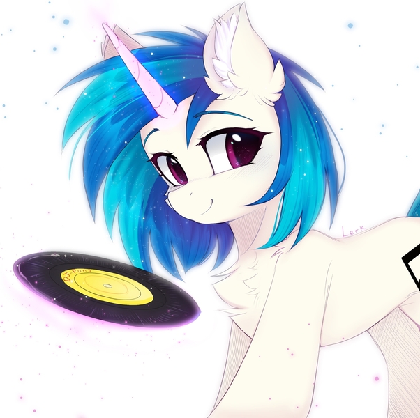 Size: 2560x2550 | Tagged: safe, artist:lerkfruitbat, derpibooru import, vinyl scratch, pony, unicorn, chest fluff, colored eyebrows, concave belly, cute, ear fluff, eyebrows, eyebrows visible through hair, female, g4, glow, glowing horn, high res, horn, image, jpeg, levitation, looking at you, magic, mare, record, signature, simple background, smiling, smiling at you, solo, sternocleidomastoid, telekinesis, vinylbetes, white background