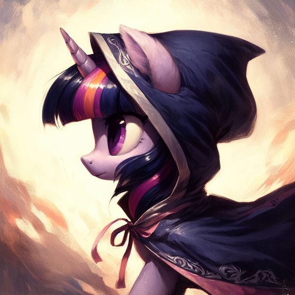 Size: 2048x2048 | Tagged: safe, ai content, derpibooru import, machine learning generated, prompter:krivovyaz, twilight sparkle, pony, unicorn, g4, cape, clothes, generator:bing image creator, high res, image, png, simple background, solo