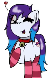 Size: 737x1085 | Tagged: safe, artist:foxfer64_yt, derpibooru import, oc, oc:anykoe, unofficial characters only, earth pony, pony, clothes, cute, female, image, jpeg, looking at you, mare, one eye closed, simple background, smiling, smiling at you, socks, solo, white background, wink, winking at you