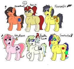 Size: 750x699 | Tagged: safe, artist:foxfer64_yt, derpibooru import, oc, oc:gamer beauty, oc:robertapuddin, oc:rosa flame, oc:sourpatchking, oc:thunder (fl), unofficial characters only, earth pony, pegasus, pony, unicorn, pony town, confident, confused, fanart, group, happy, image, jpeg, looking at you, one eye closed, simple background, singing, smiling, white background, wink, winking at you