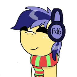 Size: 750x750 | Tagged: safe, artist:foxfer64_yt, derpibooru import, oc, oc:twostep, unofficial characters only, earth pony, pony, clothes, headphones, image, jpeg, listening, listening to music, scarf, simple background, smiling, solo, vibing, white background