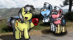 Size: 750x421 | Tagged: safe, artist:foxfer64_yt, derpibooru import, oc, oc:silverstream (robot pony), oc:thunder (fl), oc:trackhead, unofficial characters only, original species, pegasus, pony, robot, robot pony, wheelpone, car, clapping, countryside, ford, forza horizon, happy, holding, image, jpeg, mexico, mountain, photo, raised hoof, rearing, smiling, tree, trio, truck