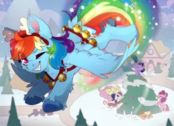 Size: 6401x4624 | Tagged: safe, artist:cutepencilcase, derpibooru import, applejack, fluttershy, pinkie pie, rainbow dash, rarity, twilight sparkle, twilight sparkle (alicorn), alicorn, earth pony, pegasus, pony, unicorn, absurd resolution, animal costume, antlers, cheek fluff, christmas, christmas tree, clothes, costume, decorating, ear fluff, eye clipping through hair, female, floppy ears, flying, grin, harness, hat, high angle, holiday, hoof fluff, image, jingle bells, looking at you, mane six, mare, one eye closed, open mouth, png, rainbow trail, reindeer antlers, reindeer costume, reindeer dash, scarf, smiling, smiling at you, snow, solo focus, tack, tree, underhoof, wind, windswept mane, wink, winking at you, winter, x eyes