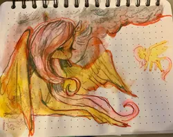 Size: 3271x2596 | Tagged: safe, artist:swollenbabyfat, derpibooru import, fluttershy, pegasus, pony, cigarette, female, image, jpeg, leonine tail, mare, smoking, solo, spread wings, tail, traditional art, wings