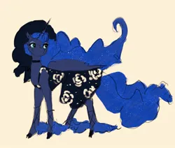 Size: 2048x1735 | Tagged: safe, artist:swollenbabyfat, derpibooru import, princess luna, alicorn, pony, choker, clothes, commission, concave belly, dress, female, folded wings, image, jpeg, mare, shoes, simple background, solo, wings