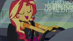 Size: 1920x1080 | Tagged: safe, derpibooru import, edit, edited screencap, editor:quoterific, screencap, sunset shimmer, driving miss shimmer, equestria girls, equestria girls series, image, png, solo