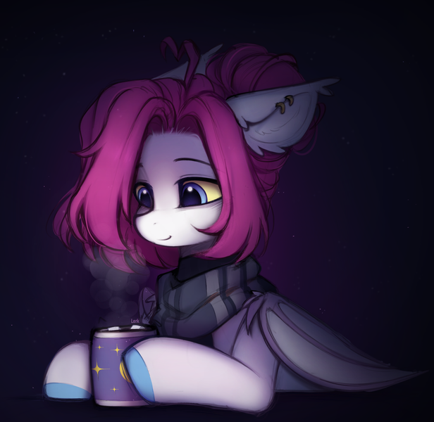 Size: 1949x1898 | Tagged: safe, artist:lerkfruitbat, derpibooru import, oc, unofficial characters only, bat pony, pony, bat pony oc, bat wings, chocolate, clothes, cute, ear fluff, ear piercing, earring, eyebrows, female, food, hot chocolate, image, jewelry, mare, marshmallow, mug, ocbetes, piercing, png, scarf, smiling, solo, steam, wings