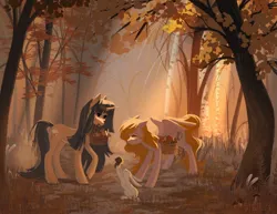 Size: 1280x989 | Tagged: safe, artist:hichieca, derpibooru import, oc, unofficial characters only, pegasus, pony, rabbit, unicorn, animal, basket, female, forest, image, jpeg, mare, mushroom, nature, tree, unshorn fetlocks