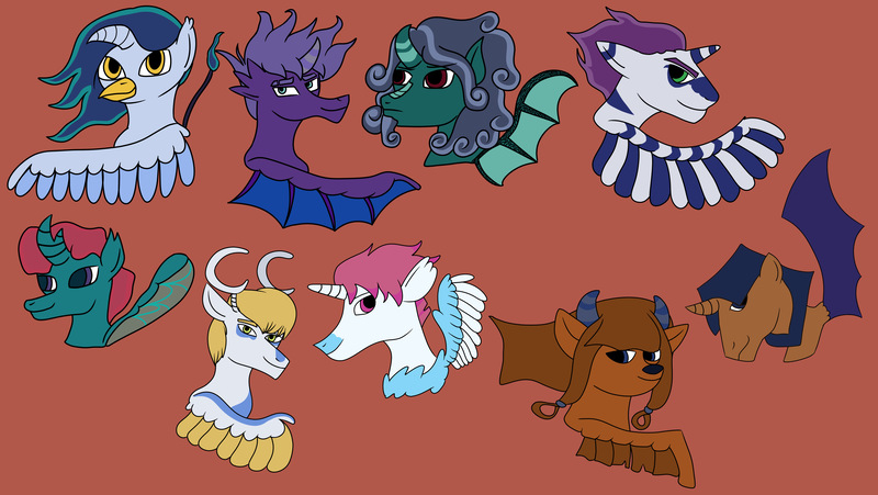 Size: 5129x2894 | Tagged: safe, derpibooru import, oc, oc:deimos, oc:elytra, oc:ganymede, oc:gibbous, oc:io, oc:oberon, oc:triton, oc:waner, oc:waxer, changedling, changeling, changepony, classical hippogriff, deer, deer pony, dracony, dragon, gryphon, hippogriff, hybrid, kirin, original species, yak, yakony, zebra, zony, antlers, colored wings, facial markings, image, implied polyamory, jpeg, kirin pony hybrid, multicolored wings, offspring, parent:dragon lord gaius, parent:gaius, parent:king aspen, parent:oc:prince glover, parent:pharynx, parent:prince abraxas, parent:prince rutherford, parent:princess luna, parent:queen novo, parent:rain shine, parent:scorpan, parents:canon x oc, parents:lunaius, parents:lunarynx, parents:lunaspen, parents:lunaxas, parents:lunovo, parents:lutherford, parents:rainuna, parents:scorluna, red background, siblings, simple background, two toned wings, wings