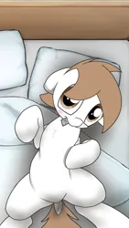 Size: 2160x3840 | Tagged: suggestive, artist:shakey_kyane929, derpibooru import, oc, oc:shakerato, pony, bed, blushing, dock, featureless crotch, female, floppy ears, image, on bed, pillow, png, solo, tail