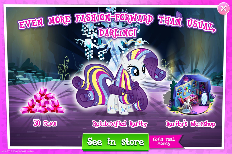 Size: 1961x1304 | Tagged: safe, derpibooru import, official, rarity, pony, unicorn, advertisement, bush, costs real money, english, female, g4, gameloft, gem, horn, image, jpeg, mare, mirror, mobile game, my little pony: magic princess, numbers, rainbow power, rainbow power-ified, sale, sewing machine, solo, solo focus, text