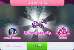 Size: 1265x859 | Tagged: safe, derpibooru import, official, rarity, pony, unicorn, bundle, bush, costs real money, english, female, g4, gameloft, gem, horn, image, jpeg, mare, mirror, mobile game, my little pony: magic princess, numbers, rainbow power, rainbow power-ified, sale, sewing machine, solo, solo focus, text