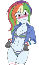 Size: 1701x2854 | Tagged: suggestive, artist:sumin6301, derpibooru import, rainbow dash, human, equestria girls, 2d, bedroom eyes, belly button, blushing, bra, breasts, busty rainbow dash, cleavage, clothes, female, g4, gloves, hips, image, jacket, jpeg, legs, looking at you, midriff, panties, simple background, smiling, smiling at you, socks, solo, striped bra, striped underwear, thigh highs, underwear, white background, wrist cuffs
