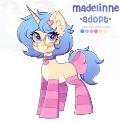 Size: 2048x2048 | Tagged: safe, artist:madelinne, derpibooru import, oc, unofficial characters only, pony, unicorn, adoptable, adoptable open, adoption, bow, clothes, female, glasses, horn, image, mare, png, socks, unicorn oc