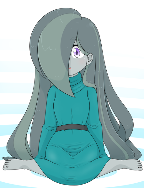 Size: 1855x2424 | Tagged: safe, alternate version, artist:batipin, derpibooru import, marble pie, human, equestria girls, equestria girls series, barefoot, clothes, equestria girls-ified, feet, image, legs, long sleeves, looking at you, png, sitting, sweater, turtleneck, waistband