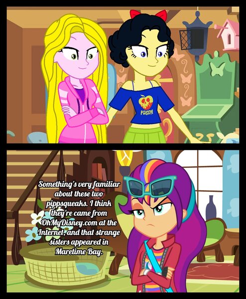 Size: 1200x1458 | Tagged: safe, artist:kylexisliner, artist:robertsonskywa1, derpibooru import, sunny starscout, equestria girls, g5, spoiler:comic, spoiler:g5, spoiler:g5comic09, clash of hasbro's titans, clothes, disney, disney 100, disney princess, disney princess comfy squad, equestria girls (g5), equestria girls-ified, female, females only, fluttershy's cottage, g5 collapse of disney, g5 to equestria girls, generation leap, image, jpeg, looking at each other, looking at someone, photo, ralph breaks the internet, rapunzel, snow white, snow white and the seven dwarfs, tangled (disney)