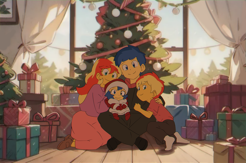 Size: 2000x1332 | Tagged: safe, artist:aokushan, derpibooru import, flash sentry, sunset shimmer, equestria girls, christmas, christmas tree, female, flashimmer, holiday, image, male, offspring, parent:flash sentry, parent:sunset shimmer, parents:flashimmer, png, present, shipping, straight, tree, window