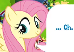 Size: 536x379 | Tagged: safe, derpibooru import, official, fluttershy, pegasus, pony, cropped, dialogue, dialogue box, english, female, g4, gameloft, image, mare, meme, mobile game, my little pony: magic princess, oh, png, reaction image, speech bubble, spread wings, text, wings, wow! glimmer