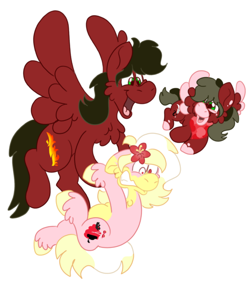 Size: 3000x3500 | Tagged: safe, artist:euspuche, derpibooru import, oc, oc:carmen garcía, oc:cloud rider, oc:naiv nein, unofficial characters only, earth pony, pegasus, pony, derpibooru community collaboration, 2024 community collab, caroud, female, filly, flying, foal, image, looking down, open mouth, png, scared, smiling