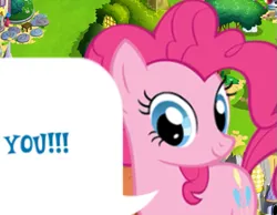 Size: 603x467 | Tagged: safe, derpibooru import, pinkie pie, earth pony, pony, cropped, dialogue, dialogue box, english, female, g4, gameloft, image, looking at you, mare, meme, mobile game, my little pony: magic princess, png, speech bubble, text, wow! glimmer, you