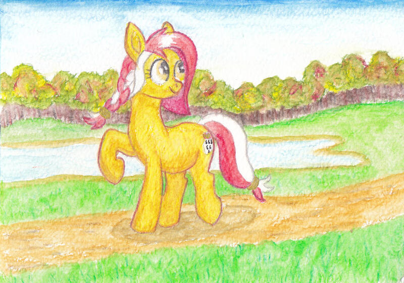 Size: 1024x718 | Tagged: safe, artist:malte279, derpibooru import, oc, oc:colonia, unofficial characters only, earth pony, autumn, earth pony oc, image, jpeg, lake, mascot, solo, traditional art, water, watercolor painting