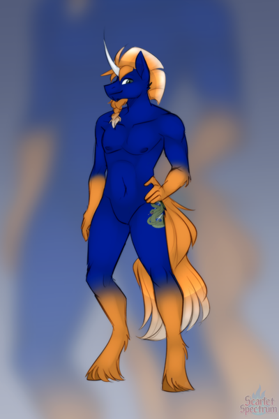 Size: 1080x1620 | Tagged: safe, artist:scarlet-spectrum, derpibooru import, oc, oc:venomous stray, unofficial characters only, anthro, pony, unicorn, artistic nudity, curved horn, featureless crotch, hand on hip, horn, image, male, nudity, png, solo, unshorn fetlocks