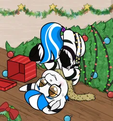 Size: 816x873 | Tagged: safe, artist:rokosmith26, derpibooru import, oc, oc:louis, unofficial characters only, zebra, chibi, commission, decoration, embarrassed, glasses, hearth's warming, image, male, png, tail, tail wrap, upside down, ych result