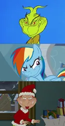 Size: 372x720 | Tagged: safe, derpibooru import, edit, edited screencap, screencap, rainbow dash, tanks for the memories, comparison, family guy, grinch face, how the grinch stole christmas, image, jpeg, lois griffin, rainbow grinch, the grinch