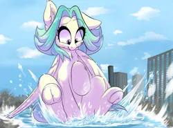 Size: 2781x2059 | Tagged: safe, artist:lustrebeam, derpibooru import, pony, big ears, chest fluff, city, cityscape, cloud, cloudy, destruction, ear fluff, giant pony, grooming, hooves, image, macro, png, preening, raised hoof, teal mane, water, wave, wings