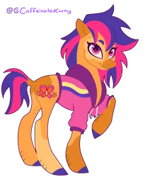 Size: 1240x1512 | Tagged: safe, artist:caffeinatedcarny, derpibooru import, scootaloo (g3), earth pony, pony, g3, clothes, coat markings, hoodie, image, looking at you, markings, png, redesign, simple background, smiling, solo, transparent background, unshorn fetlocks