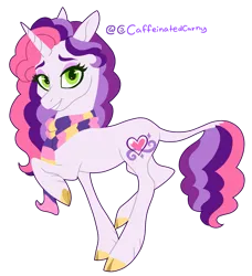 Size: 1379x1515 | Tagged: safe, artist:caffeinatedcarny, derpibooru import, sweetie belle (g3), unicorn, g3, clothes, cloven hooves, eyeshadow, horn, image, leonine tail, looking at you, makeup, png, redesign, scarf, simple background, smiling, solo, tail, transparent background, unshorn fetlocks