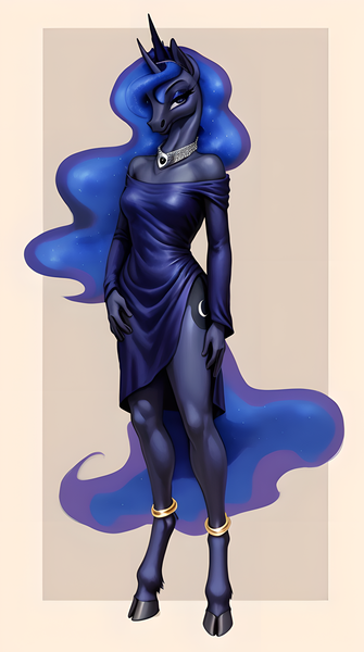 Size: 1608x2880 | Tagged: safe, ai content, derpibooru import, machine learning generated, prompter:stevelahnring, stable diffusion, princess luna, anthro, unguligrade anthro, anklet, breasts, clothes, crown, dress, ethereal mane, ethereal tail, generator:easyfluff v11.2, hooves, image, jewelry, makeup, necklace, png, regalia, short dress, simple background, small breasts, standing, tail