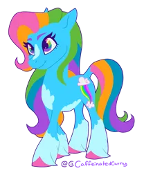 Size: 1207x1448 | Tagged: safe, artist:caffeinatedcarny, derpibooru import, rainbow dash (g3), earth pony, pony, g3, coat markings, concave belly, image, markings, multicolored eyes, png, redesign, simple background, slim, smiling, solo, thin, transparent background, unshorn fetlocks
