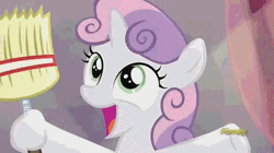 Size: 500x280 | Tagged: safe, ponerpics import, ponybooru import, screencap, sweetie belle, pony, unicorn, animated, broom, cute, diasweetes, discovery family logo, female, filly, foal, gif, happy, image, looking back and forth, open mouth, open smile, smiling, solo