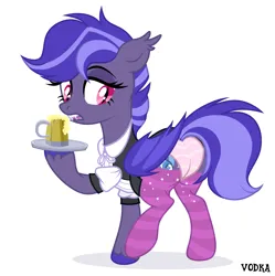 Size: 4500x4524 | Tagged: suggestive, artist:c1trine, artist:zakypo, derpibooru import, oc, oc:night watch, unofficial characters only, bat pony, pony, base used, bat pony oc, bat wings, butt, cider, cider mug, clothes, commission, dress, fangs, female, image, maid, mare, mug, open mouth, panties, plot, png, raised hoof, raised leg, simple background, socks, solo, solo female, striped socks, striped underwear, tray, underwear, unshorn fetlocks, white background, wings, ych result