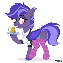 Size: 4500x4524 | Tagged: safe, alternate version, artist:c1trine, artist:zakypo, derpibooru import, oc, oc:night watch, unofficial characters only, bat pony, pony, base used, bat pony oc, bat wings, butt, cider, cider mug, clothes, commission, derpibooru exclusive, dress, fangs, female, image, maid, mare, mug, open mouth, plot, png, raised hoof, raised leg, simple background, socks, solo, striped socks, tray, unshorn fetlocks, white background, wings, ych result